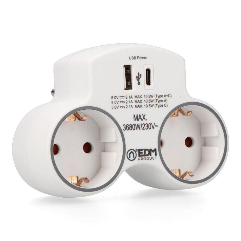 Pack De 2 Unidades - Adaptador 2 Tomas 2p+T Schuko Con 2 Usb (A + C), Blanco