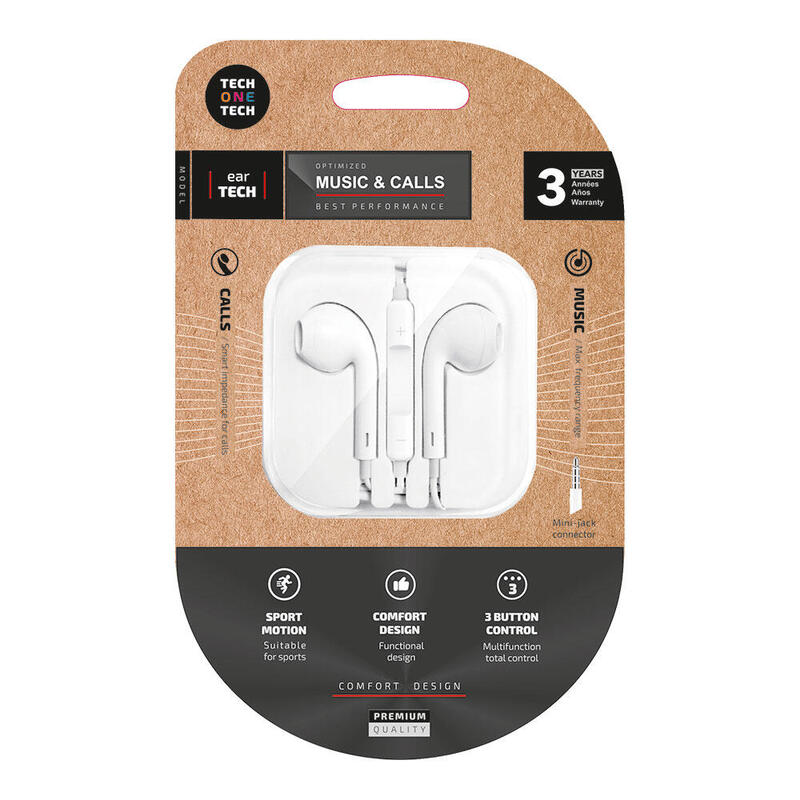 Pack De 2 Unidades - Auriculares Eartech Blancos, Conector Mini-Jack. Tech One Tech
