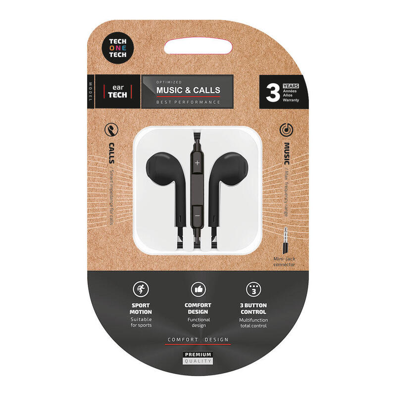 Pack De 2 Unidades - Auriculares Eartech Negros, Conector Mini-Jack. Tech One Tech