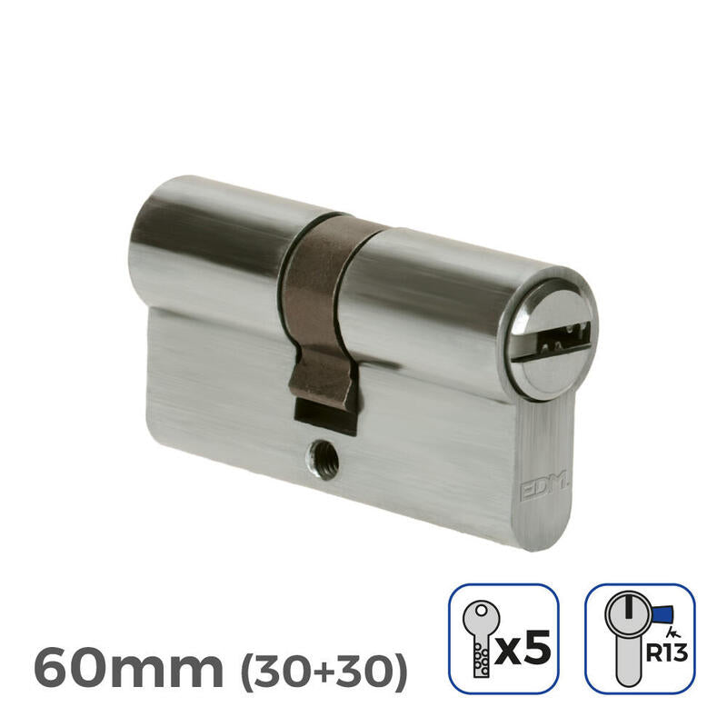 Pack De 2 Unidades - Bombin Niquel 60mm (30+30mm) Leva Corta R13 Con 5 Llaves Seguridad Incluidas Edm