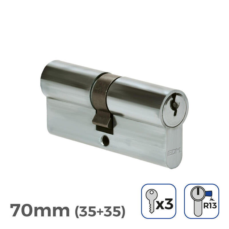 Pack De 2 Unidades - Bombin Niquel 70mm (35+35mm) Leva Corta R13 Con 3 Llaves De Serreta Incluidas Edm