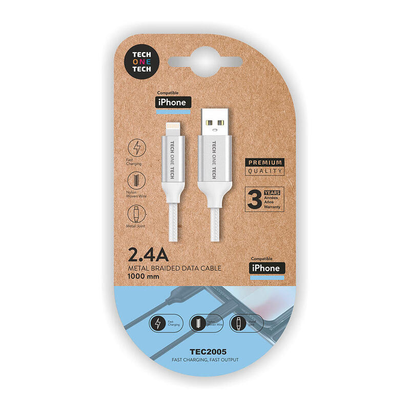 Pack De 2 Unidades - Cable Blanco Nylon (Usb-A A Lightning/Apple) 1m 2a Tech One Tech