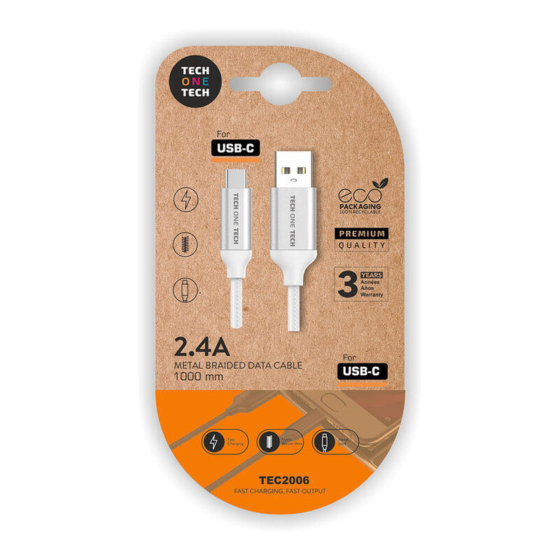 Pack De 2 Unidades - Cable Blanco Nylon (Usb-A A Usb-C), 1m 2a Tech One Tech