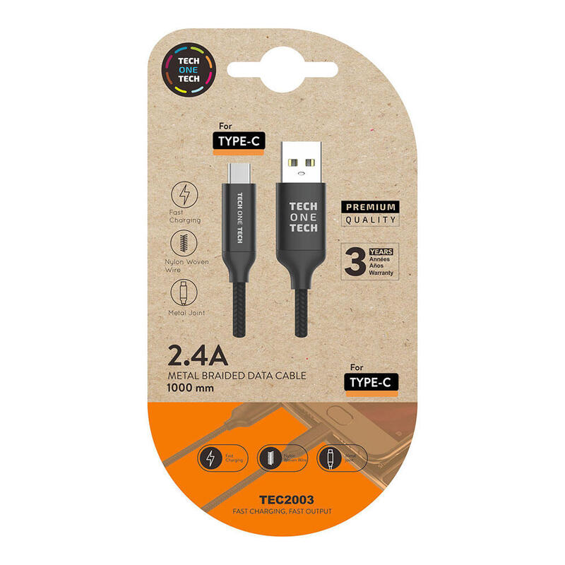 Pack De 2 Unidades - Cable Negro Nylon (Usb-A A Usb-C), 1m 2a Tech One Tech