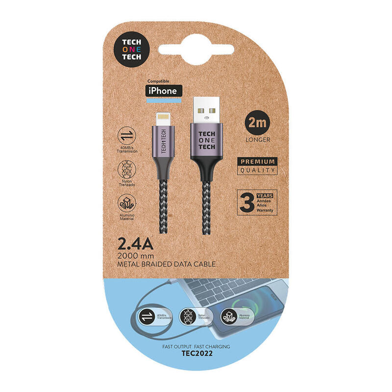 Pack De 2 Unidades - Cable Nylon Gris 2m C/Usb-A A Lightning, Apple. 2,4a. Tech One Tech