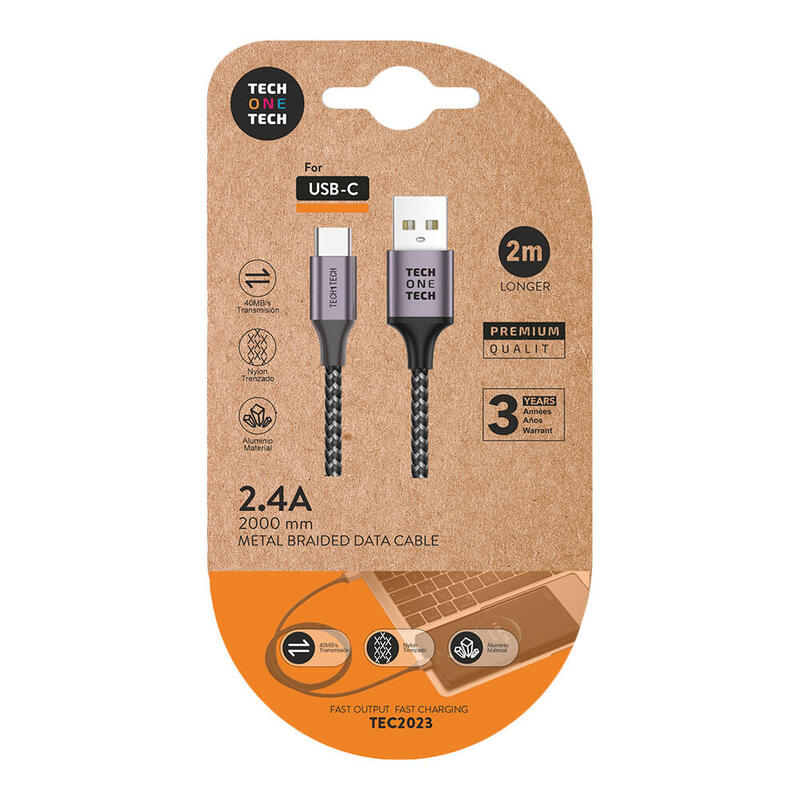 Pack De 2 Unidades - Cable Nylon Gris 2m C/Usb-A A Usb-C. 2,4a. Tech One Tech