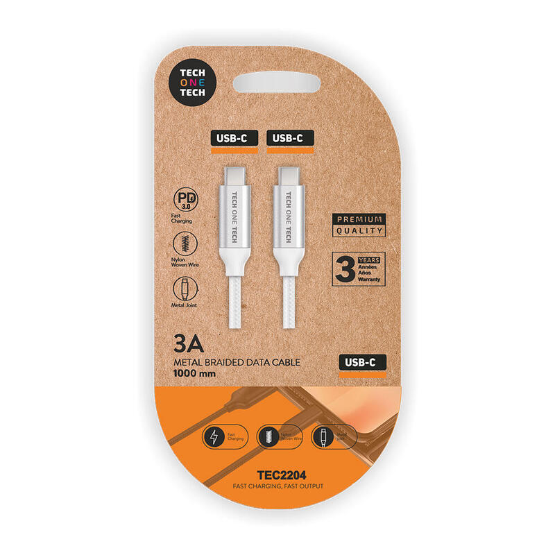 Pack De 2 Unidades - Cable Pd Blanco (Usb-C A Usb-C) Nylon, 1m 3a Tech One Tech