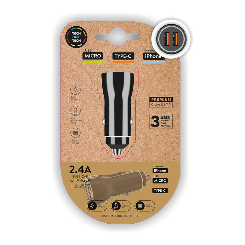 Pack De 2 Unidades - Cargador Doble Mechero Coche Negro 2,4a -12w Tech One Tech