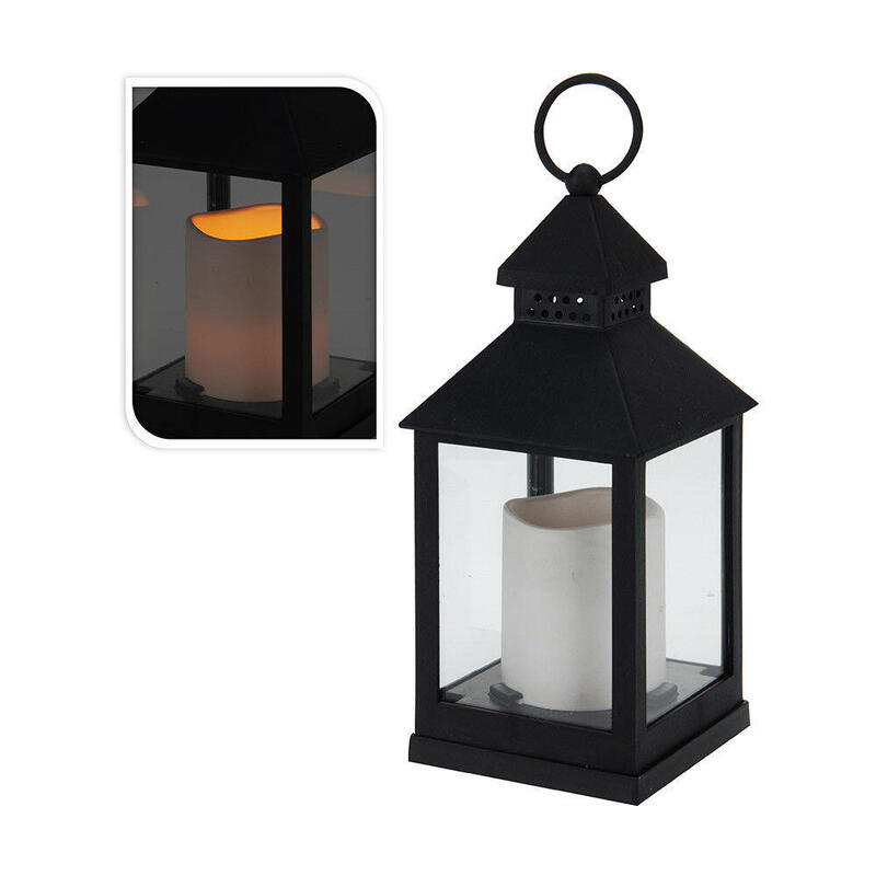 Pack De 2 Unidades - Farol Con Vela De Led, Función Fija, Interior, Negro, 10,5 X 10,5 X 23 Cm