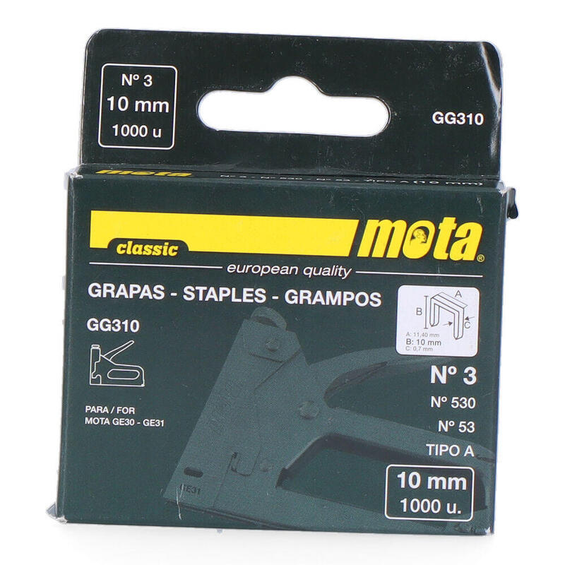 Pack De 2 Unidades - Grapas Número 3 De 10mm 1000 Unid. Espesor 0,7mm Gg310 Mota