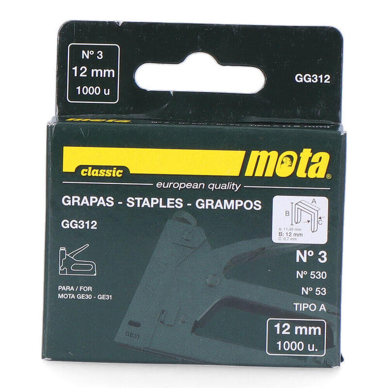 Pack De 2 Unidades - Grapas Número 3 De 12mm 1000 Unid. Espesor 0,7mm Gg312 Mota