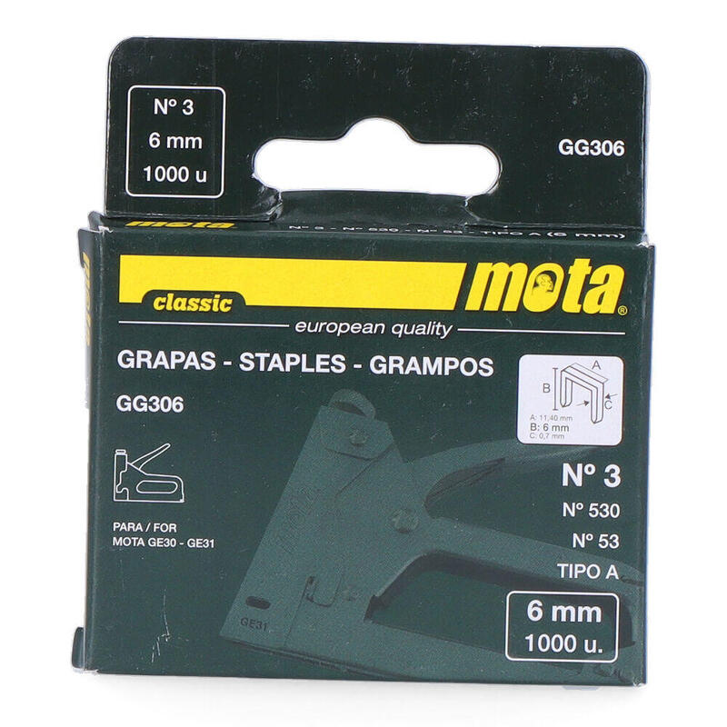 Pack De 2 Unidades - Grapas Número 3 De 6mm 1000 Unid. Espesor 0,7mm Gg306 Mota