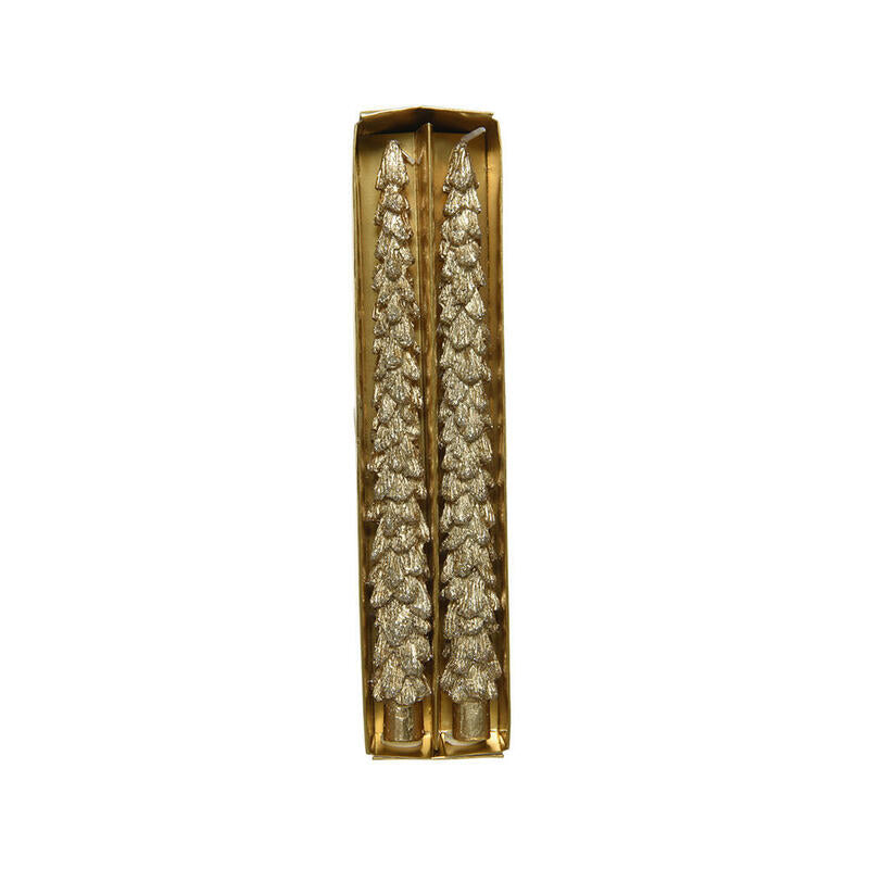 Pack De 2 Velas En Forma De Pino, Doradas Con Brillantina, 5,7x3,8x26,4cm. Basics