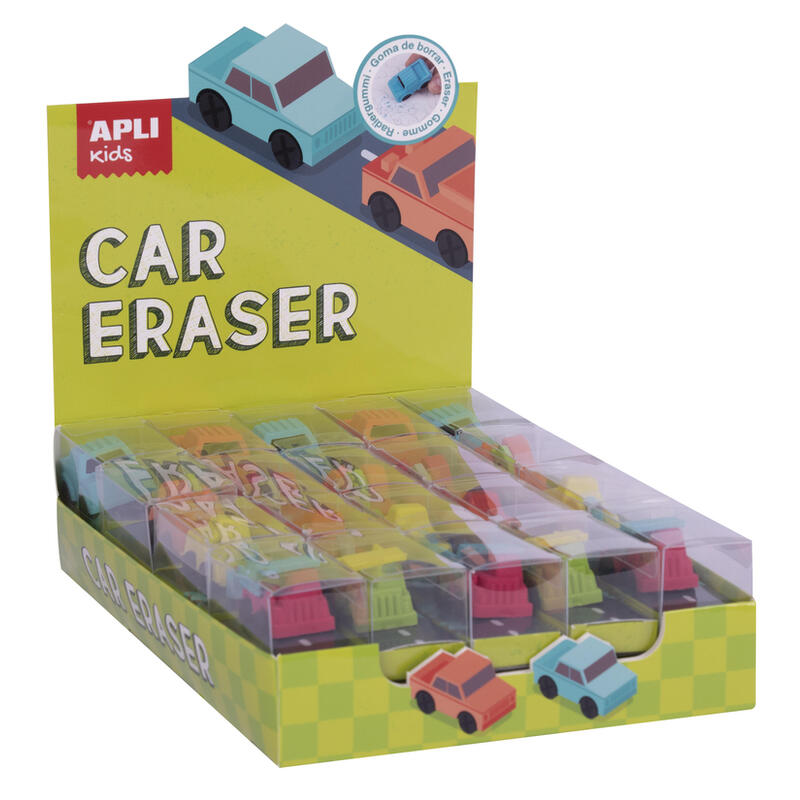 Pack De 20 Unidades Apli Gomas De Borrar Coche - Expositor Con 20 Unidades En 4 Modelos Surtidos - Forma De Coche Que Sirve Para Borrar Y Jugar - Modelos De Coche, Camion Y Dos Excavadoras En Diferentes Colores
