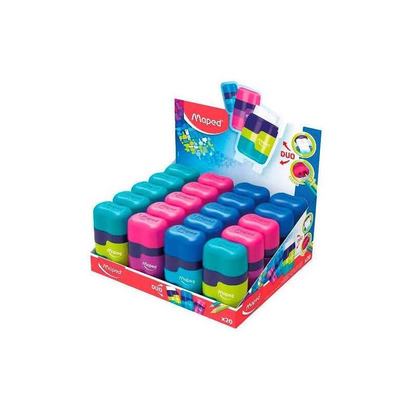 Pack De 20 Unidades Maped Connect Duo Afilaborra De 2 Orificio Con Goma De Borrar - Deposito De Gran Capacidad - Forma