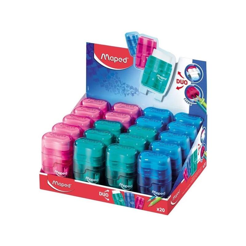 Pack De 20 Unidades Maped Connect Duo Afilaborra De 2 Orificios Con Goma De Borrar - Deposito De Gran Capacidad - Forma