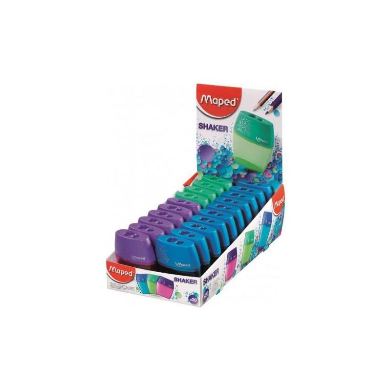 Pack De 20 Unidades Maped Shaker Sacapuntas De 2 Orificios Con Deposito De Gran Capacidad - Forma Ergonomica - Colores