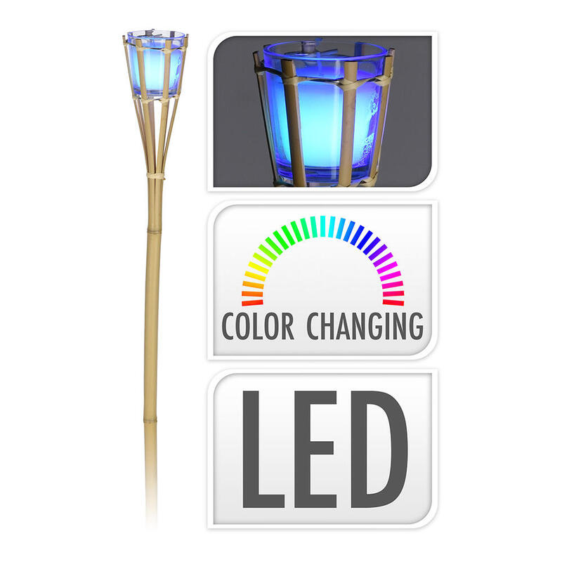 Pack De 24 Unidades - Antorcha De Bamboo Color Natural Con Vela De Led Rgb Y Perfumada A Pilas 77cm