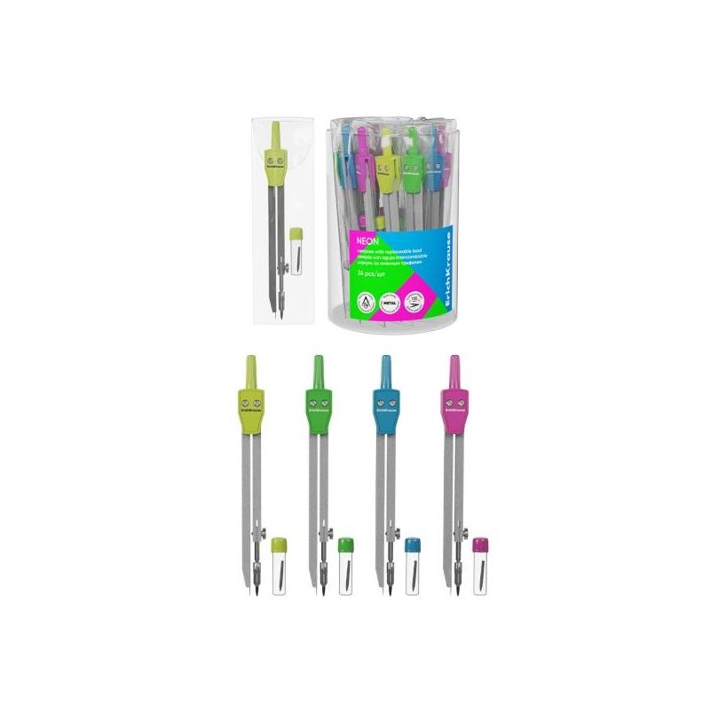 Pack De 24 Unidades Erichkrause Compas Escolar Con Articulacion Y Mina De Repuesto - Colores Surtidos