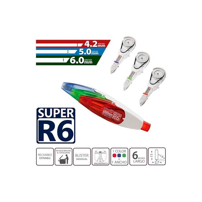 Pack De 24 Unidades Office Box Recambio Cinta Correctora Retráctil Super R6 4,2mm X 6m Rojo