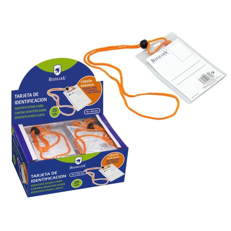 Pack De 25 Unidades Bismark Portanombres Vertical Con Cordon - Rapida Sustitucion De La Etiqueta - Tarjeta Incluida - Color Naranja, Transparente