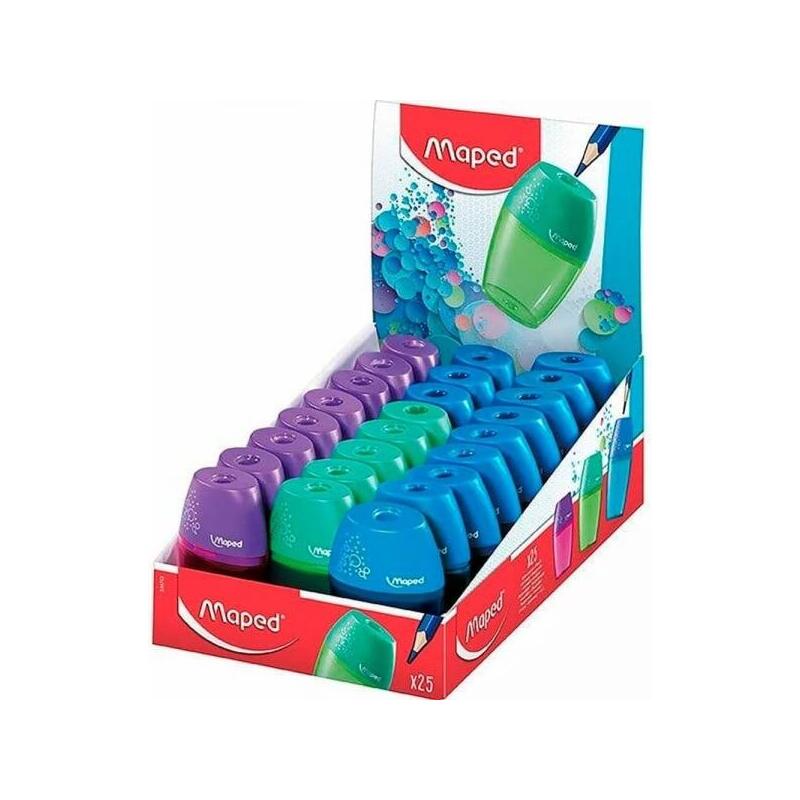 Pack De 25 Unidades Maped Shaker Sacapuntas De 1 Orificio Con Deposito De Gran Capacidad - Forma Ergonomica - Colores