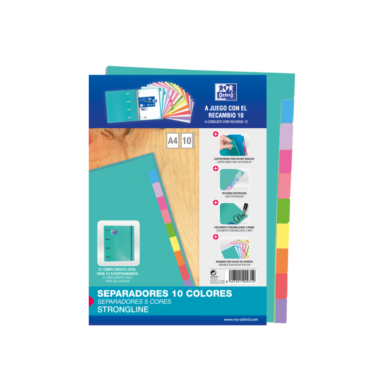 Pack De 25 Unidades Oxford Strongline A4 Separadores - 10 Posiciones De Diferentes Colores - 4 Taladros - Cartulina