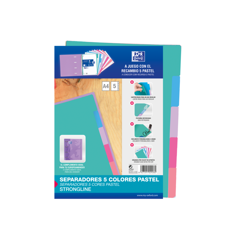 Pack De 25 Unidades Oxford Strongline A4 Separadores 5 Posiciones - 4 Taladros - Cartulina 200gr - Colores Surtidos