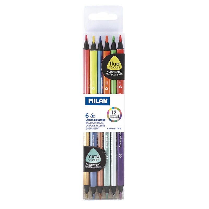 Pack De 3 Unidades - Caja Con 6 Lápices Bicolor Triangulares Madera Negra (Colores Fluo + Metalizados) Milan