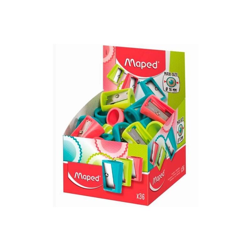 Pack De 36 Unidades Maped Vivo Maxi Sacapuntas De Plastico Con 1 Orificio De 16mm - Cuchilla De Acero Afilada Y