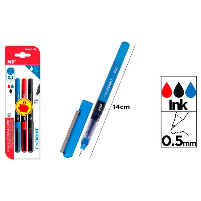 Pack De 4 Unidades - Bolígrafo Tinta Líquida, Color Azul, Negro Y Rojo, Punta Aguja 0,5 Mm, 3 Uds, Blister