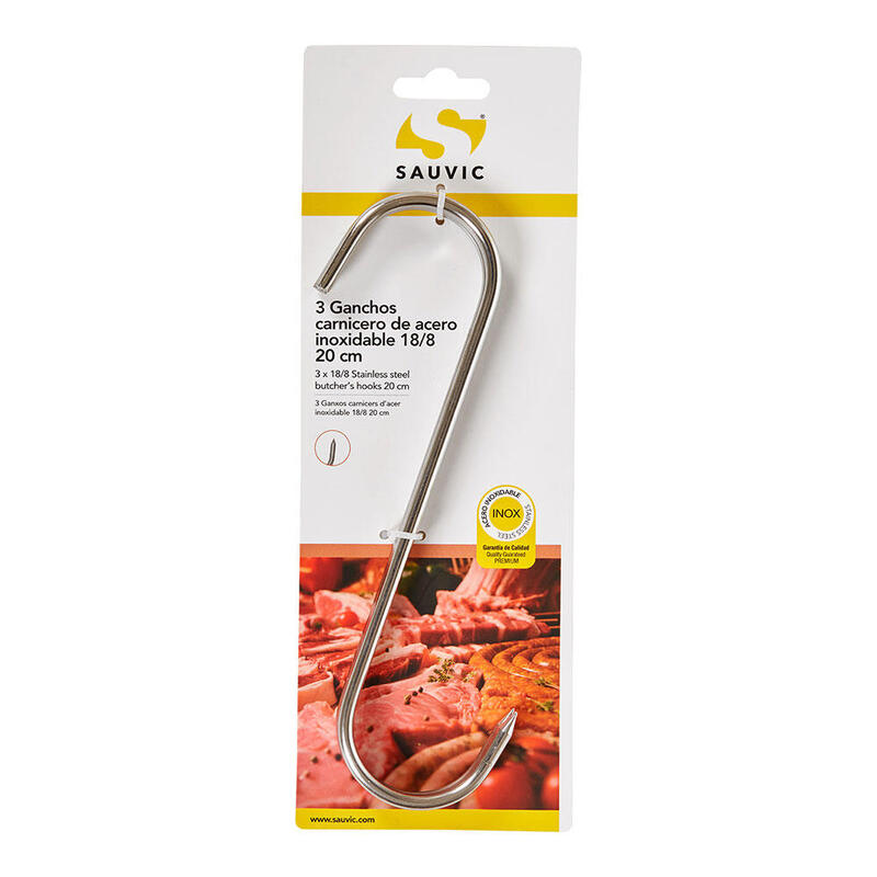 Pack De 4 Unidades - Ganchos Carnicero Inoxidable 18/8, 20 Cm De Longitud, Blister 3 Unidades