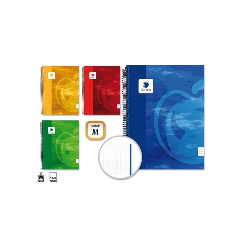 Pack De 4 Unidades Golden Cuaderno Espiral A4 160 Hojas 60grs Cuadricula 5x5 - Hojas Microperforadas - Tapa Dura