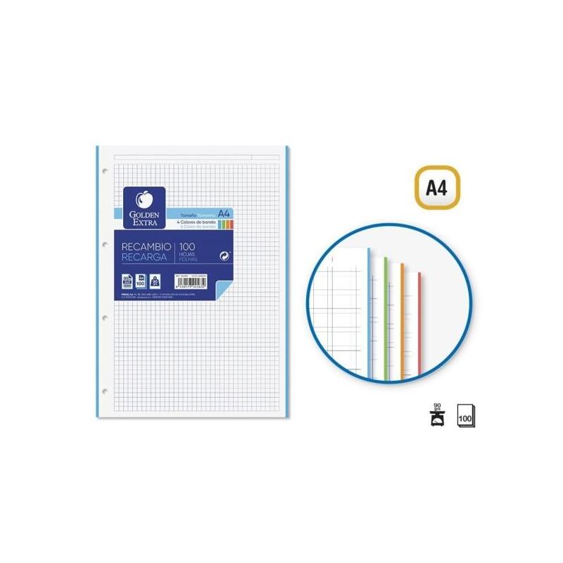 Pack De 4 Unidades Golden Extra Recambio De 100 Hojas 90gr Cuadricula 5x5 - Formato A4 - 4 Taladros Y Bandas De Color