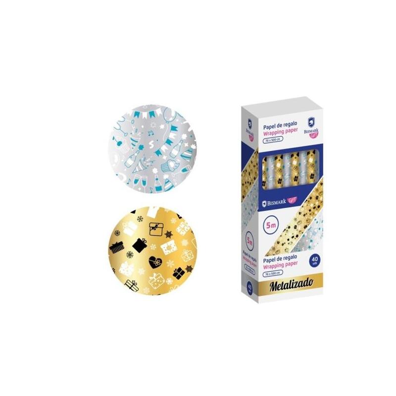Pack De 40 Unidades Bismark Metalizado Rollo De Papel Regalo - Medidas 70cmx500cm - 2 Diseños Diferentes