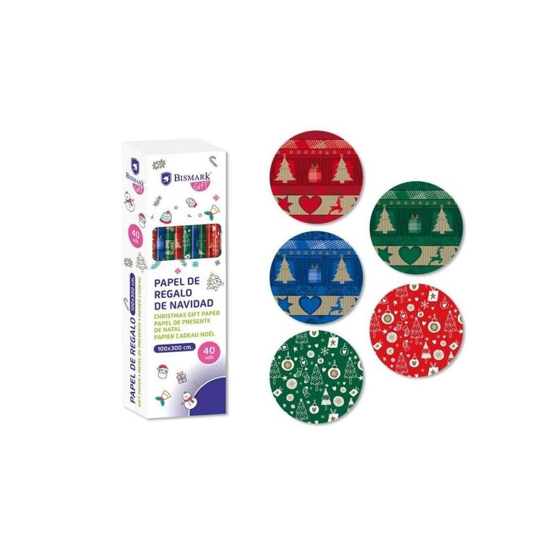 Pack De 40 Unidades Bismark Navidad Metalizado Rollo De Papel Regalo - Medidas 100cmx300cm - 5 Diseños Diferentes