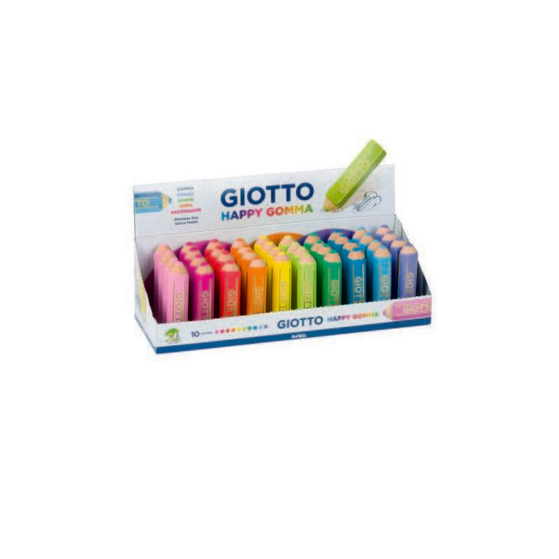 Pack De 40 Unidades Giotto Happy Gomma Expositor De 40 Gomas De Borrar - Forma De Lapiz - Para Borrar Grafito - 10 Colores Fluo