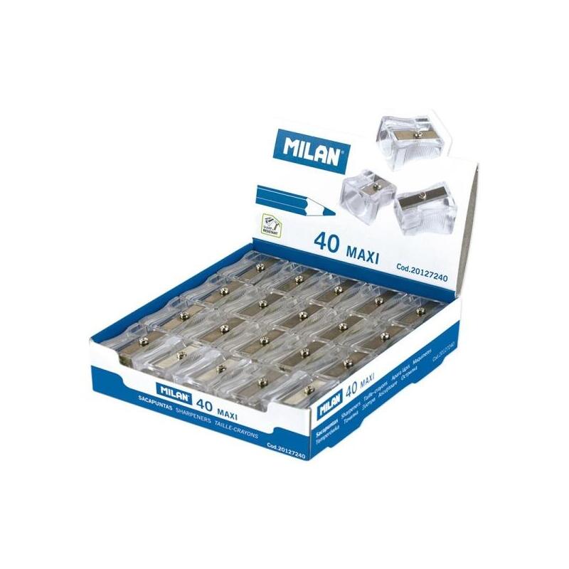 Pack De 40 Unidades Milan Maxi Sacapuntas De 1 Orificio - Cuchilla De Acero Al Carbono - Transparente