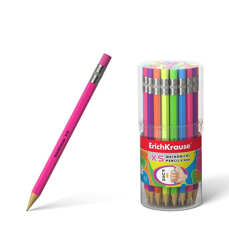 Pack De 42 Unidades Erichkrause Portaminas Xs 05 Mm - Mini-Lapiz Mecanico Hexagonal - Carcasa Y Borrador En Colores Neon Brillantes - Dureza Hb - Minas De 05 Mm De Diametro (Color Neon)