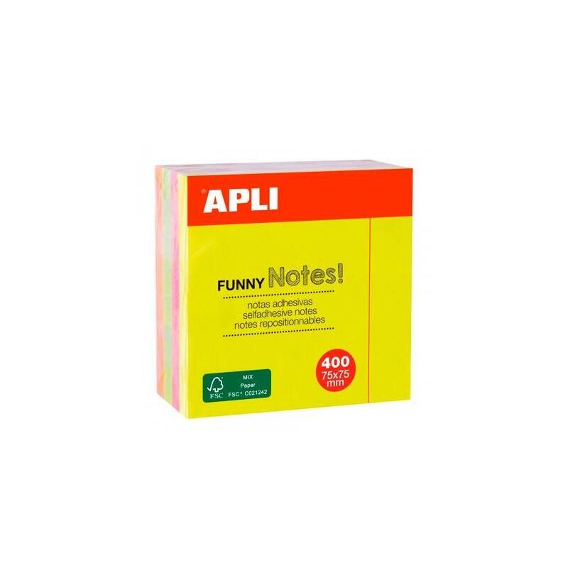 Pack De 48 Unidades Apli Cubo De Notas Adhesivas Funny 75x75mm Cubo De 400h Colores Fluorescentes Surtidos