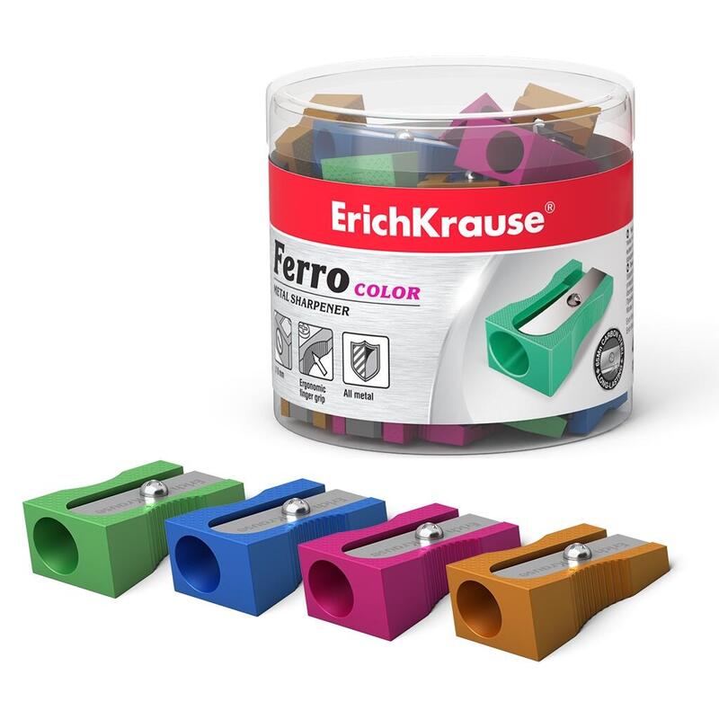 Pack De 48 Unidades Erichkrause Ferro Color - Sacapuntas De Aluminio Con Agarre Ergonomico - Orificio De 8mm - Cuchilla De Acero Al Carbono - Surtido De Colores Brillantes
