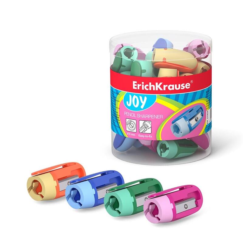 Pack De 48 Unidades Erichkrause Joy Sacapuntas De Plastico - Colores Brillantes - Clip Comodo - Orificio De 8mm - Cuchilla De Acero Al Carbono En Forma De Espiral - Color Surtido