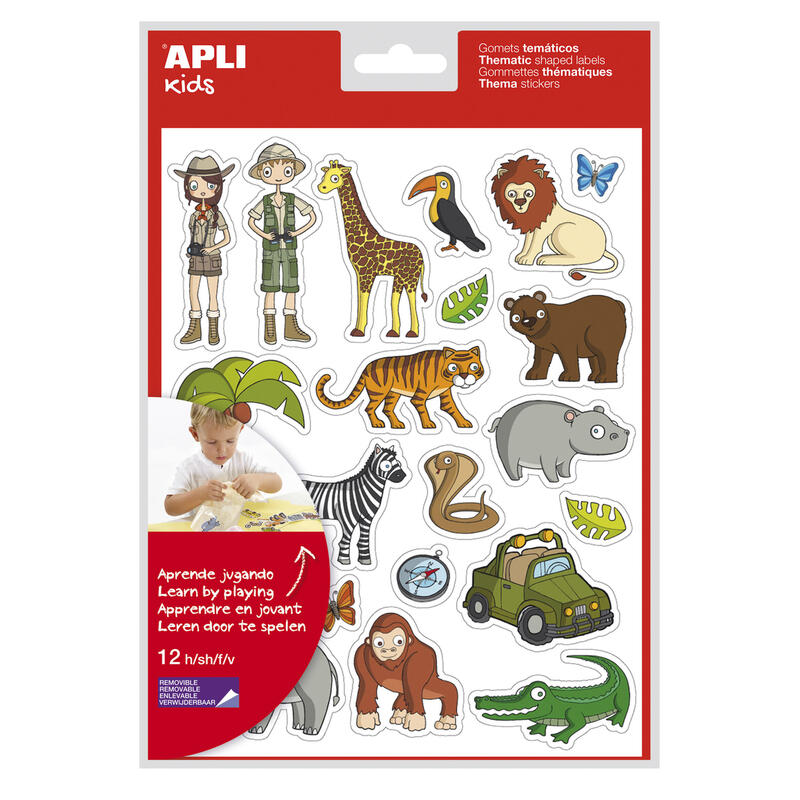 Pack De 5 Unidades Apli Bolsa De Gomets Tematicos La Selva - 252 Gomets En 12 Hojas - Adhesivo Removible - Ideal Para Escuelas - Cumple Normas En-71 Y Fsc - Libre De Disolventes - Reciclable - Divertidas Ilustraciones - Colorido