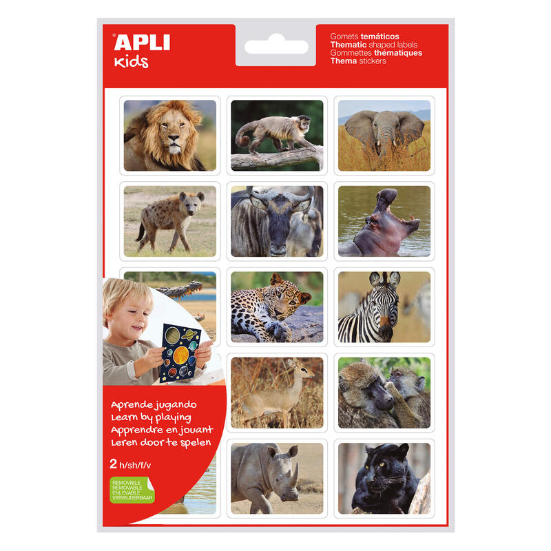 Pack De 5 Unidades Apli Gomets Realistas Animales En Su Habitat - 30 Gomets Tematicos Rectangulares Por Bolsa - Imagenes Realistas De Animales Salvajes - Adhesivo Removible