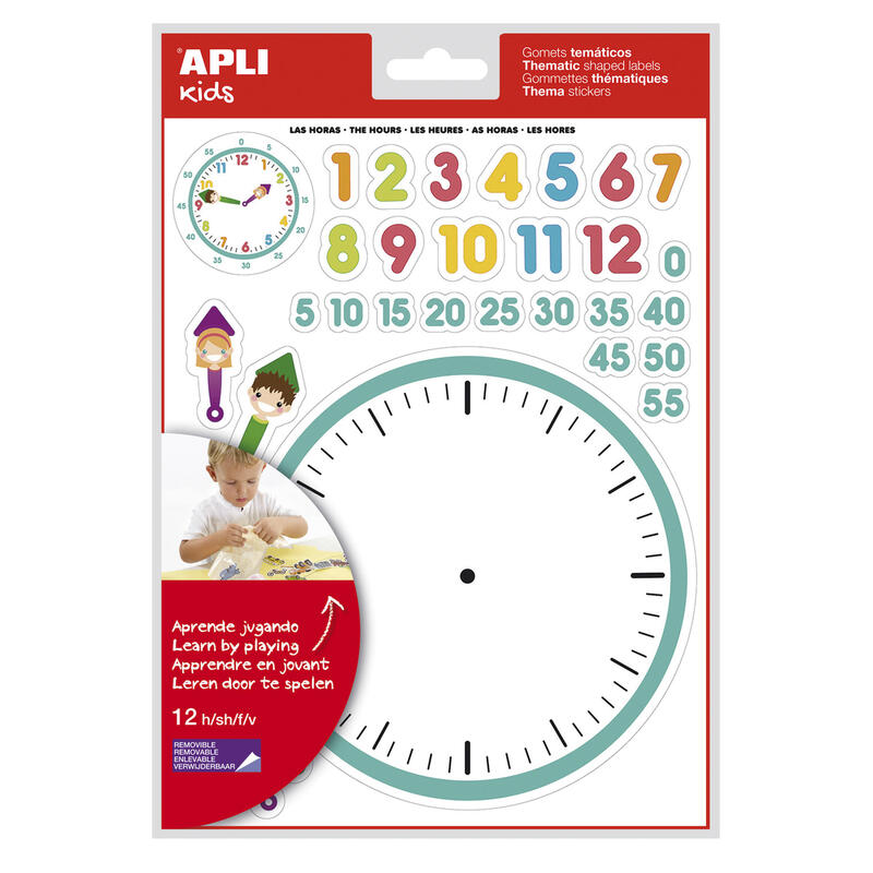 Pack De 5 Unidades Apli Gomets Tematicos Las Horas - 360 Gomets En 12 Hojas - Ayuda En El Aprendizaje De Las Horas Y Habilidades Motoras - Adhesivo Removible - Ideal Para Escuelas - Adhesivo Base Agua - Libre De Disolventes - Colorido