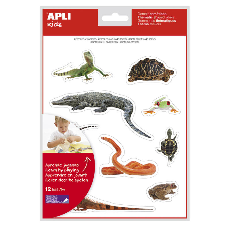 Pack De 5 Unidades Apli Gomets Tematicos Realistas De Reptiles Y Anfibios - 120 Gomets - Imagenes Realistas Para Relacionar Animales - Adhesivo Removible - Ideal Para Escuelas - Reciclables - Coloridos