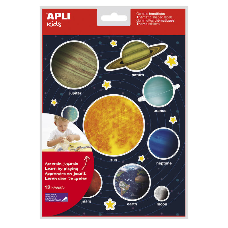Pack De 5 Unidades Apli Gomets Tematicos Sistema Solar - 240 Gomets En 12 Hojas - Adhesivo Removible - Ideal Para Aprendizaje Visual Y Habilidades Motoras - Adhesivo Base Agua - Libre De Disolventes - Coloridos