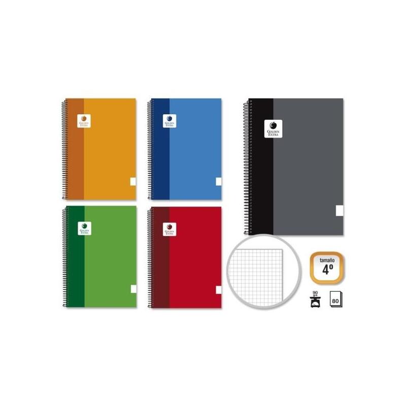 Pack De 5 Unidades Golden Extra Cuaderno Espiral 4⺠80 Hojas 90grs Cuadricula - Margen Remarcado - Tapa Forrada -