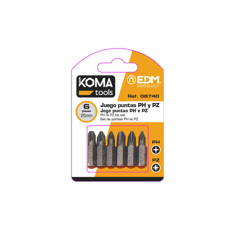Pack De 5 Unidades - Juego 6 Puntas Ph 1-2-3 Pz 1-2-3 X 25mm Koma Tools