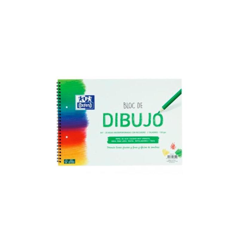Pack De 5 Unidades Oxford Bloc Dibujo Escolar Multitaladro 2 T/ Blanda Espiral 20h 130gr A4+ C/ Recuadro Blanco